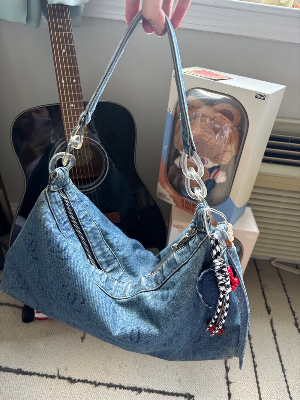 CHANEL Blue Denim Monogram Hobo Bag with Clear Chain Links